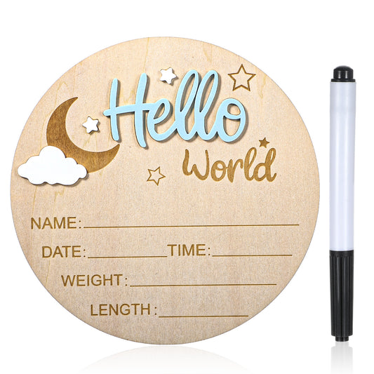 Personalised Newborn Baby Announcement Sign, Wooden 6 Inch Hello World Newborn Sign, 3D Moon Style Birth Details Board for Hospital & Nursery, New Baby Gift for Boys & Girls, Keepsake Decor(Blue)