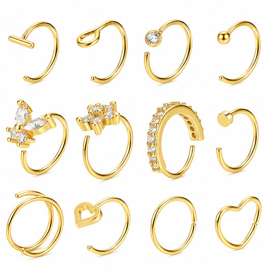 HekouJiub 12PCS Hoop Nose Rings for Women, Nose Rings Hoops Gold 20G Small Heart Butterfly Flower Double Hoop Ring CZ Cartilage Earrings Zircon Helix Piercing Jewelry for Women Men, 8mm