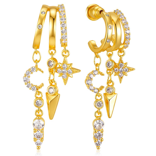 drop earrings for women - gold dangle earrings with Star Moon Dangle - Hoop Drop Chain Earring Trendy Gift