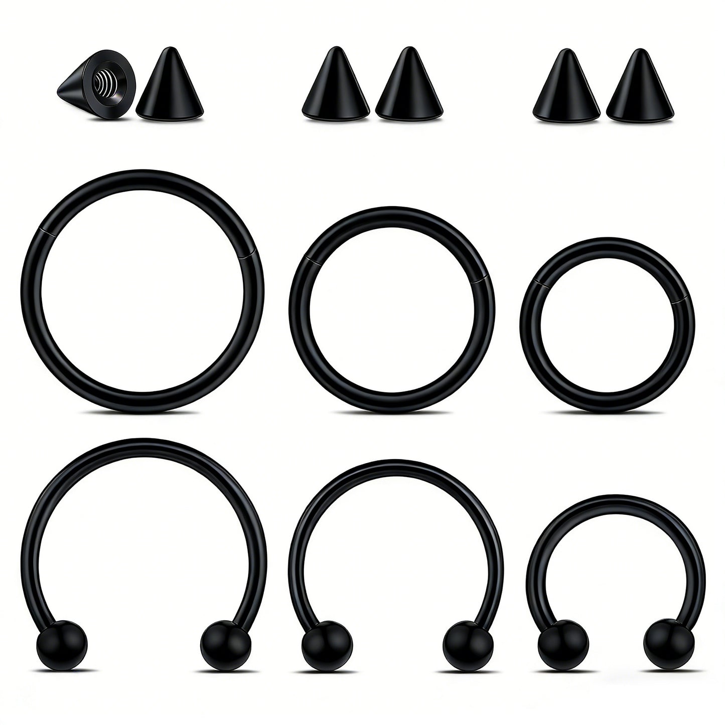 Yolev 12pcs Horseshoe Rings Septum Rings 16g Septum Nose Ring Hoops Surgical Steel Piercing Jewelry 8mm/10mm/12mm Hinged Clicker Segment Ring Lip Eyebrow Daith Helix Cartilage Earrings (Black)