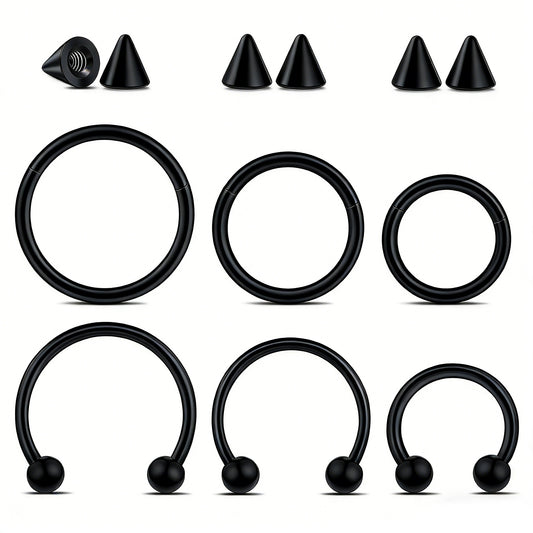 Yolev 12pcs Horseshoe Rings Septum Rings 16g Septum Nose Ring Hoops Surgical Steel Piercing Jewelry 8mm/10mm/12mm Hinged Clicker Segment Ring Lip Eyebrow Daith Helix Cartilage Earrings (Black)