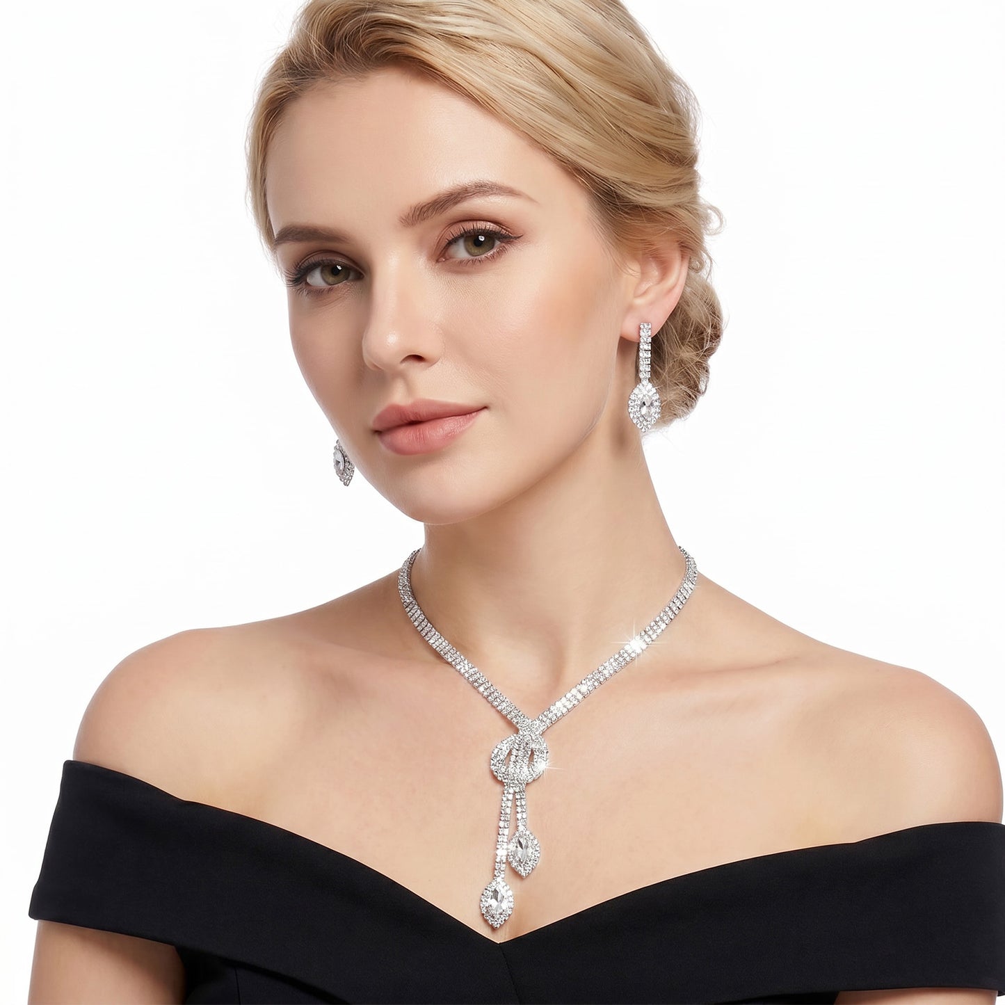 Neyauo Rhinestone Bridal Wedding Jewelry Set Crystal Earrings and Necklace Set for Women Formal Prom Costume Jewelry Sets for Bride Bridesmaid(Silver)