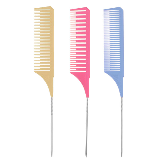 Lusofie 3Pack Highligh Comb, Weaving Combs for Highlighting, Hair Teasing Parting Comb with Long Stainless Steel Rat Tail for Hair Stylist Salon Barbershop Home(Blue, Yellow, Hot Pink)
