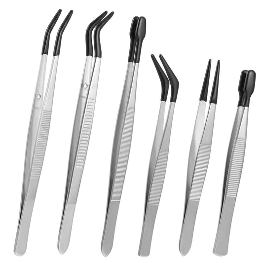 6pcs Rubber Tipped Tweezers, Long Tweezers Bent Pointed Tipped Hobby Tweezer Flat Straight Tip Tweezers for Crafts Beads Jewelry Making Stamps Succulents Pet (Black,Silver)
