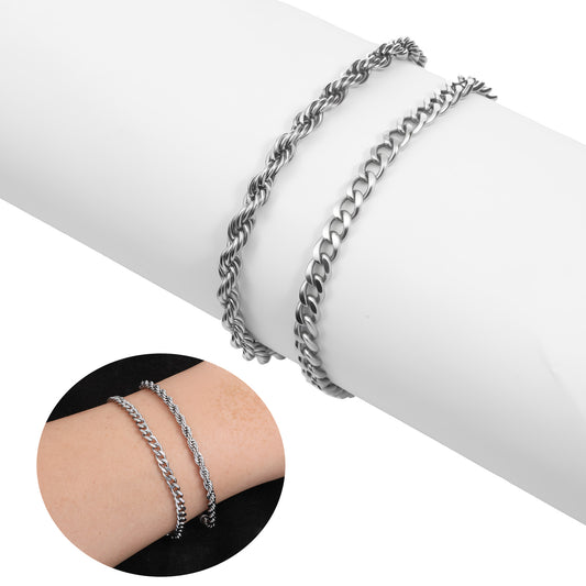 Josojoou 2PCS Silver Bracelets for Men, Adjustable Cuban Link Bracelet, Stainless Steel Silver Rope Bracelet, Gift for Men, Father, Husband, Boyfriend