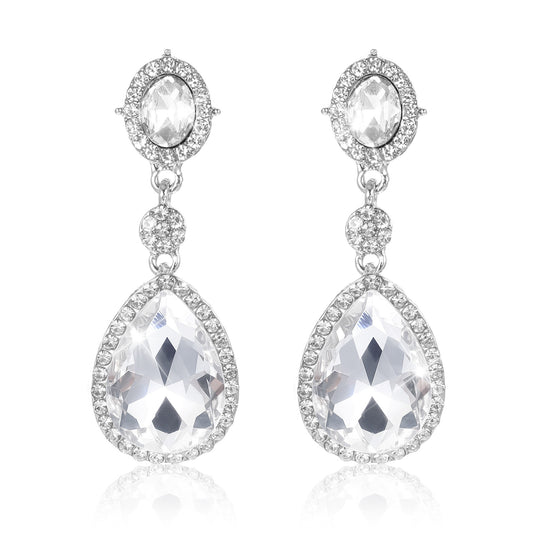 Telooco Diamond Drop Earrings Teardrop-shaped Diamond Dangle Earrings Silver Rhinestone Non-Pierced Clip-On Earring, Wedding and Party Costume Jewelry