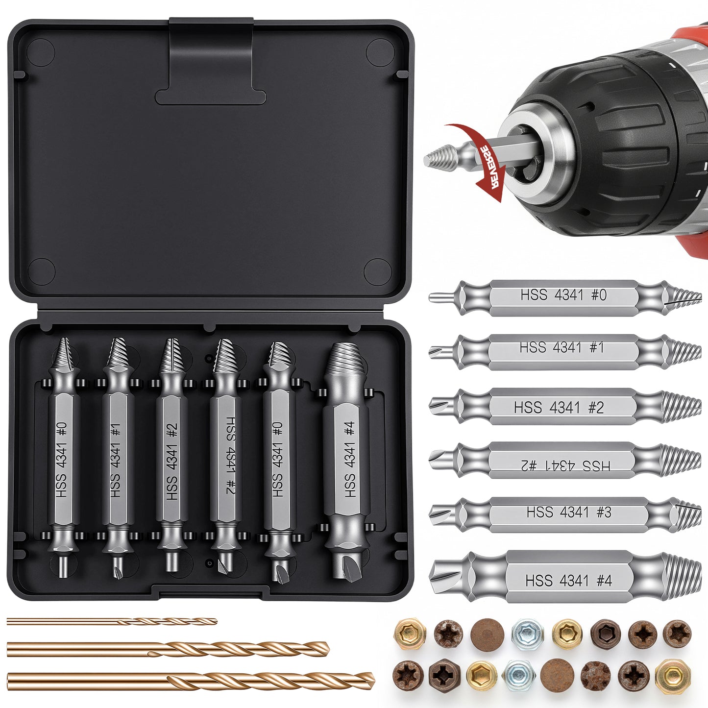 9PCS Stripped Screw Remover And Extractor, 6 Hss 4341 Damaged Screw Extractor Set and 3 Twist Drill Bit Kit for Easy Out Removing Broken Bolt, Holiday or Birthday Gift for Men