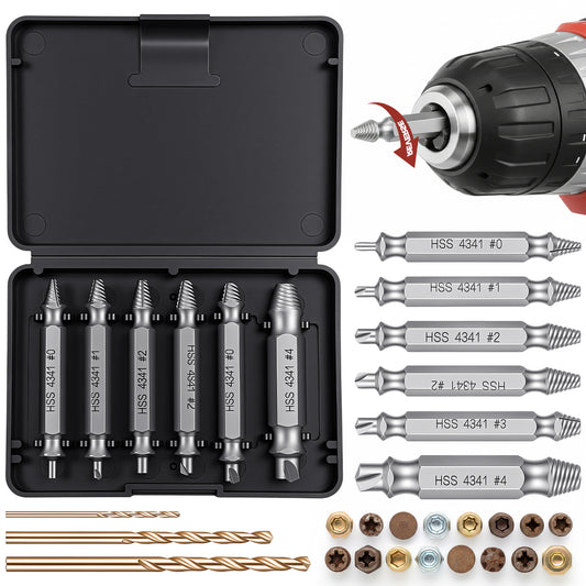 9PCS Stripped Screw Remover And Extractor, 6 Hss 4341 Damaged Screw Extractor Set and 3 Twist Drill Bit Kit for Easy Out Removing Broken Bolt, Holiday or Birthday Gift for Men
