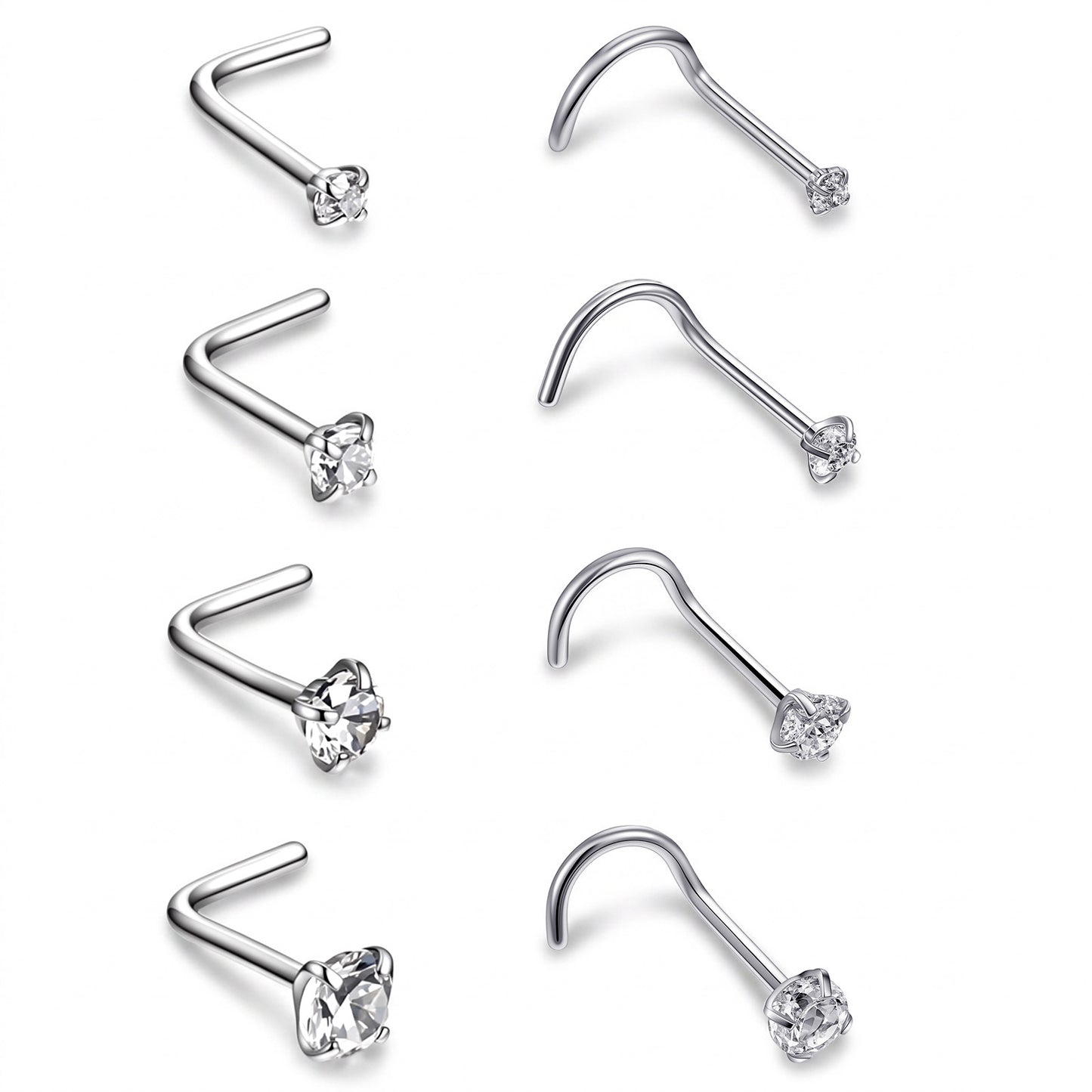 Ziuohaa 8 Pieces 20G L Shaped nose piercings - Stainless Steel Diamond Nose Screw Jewelry For Women Men - Silver Corkscrew Piercing With Cubic Zirconia