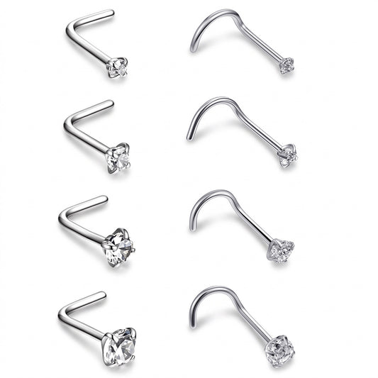 Ziuohaa 8 Pieces 20G L Shaped nose piercings - Stainless Steel Diamond Nose Screw Jewelry For Women Men - Silver Corkscrew Piercing With Cubic Zirconia