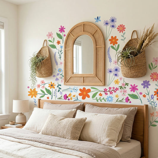 Flower Wall Decals 8 Sheets 102 Pcs Spring Floral Wall Decals Wildflower Floral Wall Stickers Removable Peel and Stick Decals for Walls Bedroom Nursery Living Room Decor