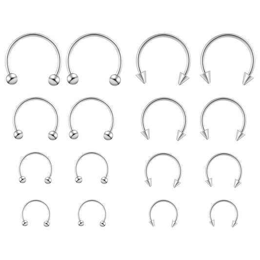 Telooco 16Pcs 16G Septum Ring Surgical Steel Nose Septum Multiple Sizes Horseshoe Piercing Jewelry for Nose Nipple Ear Lip (Silver)