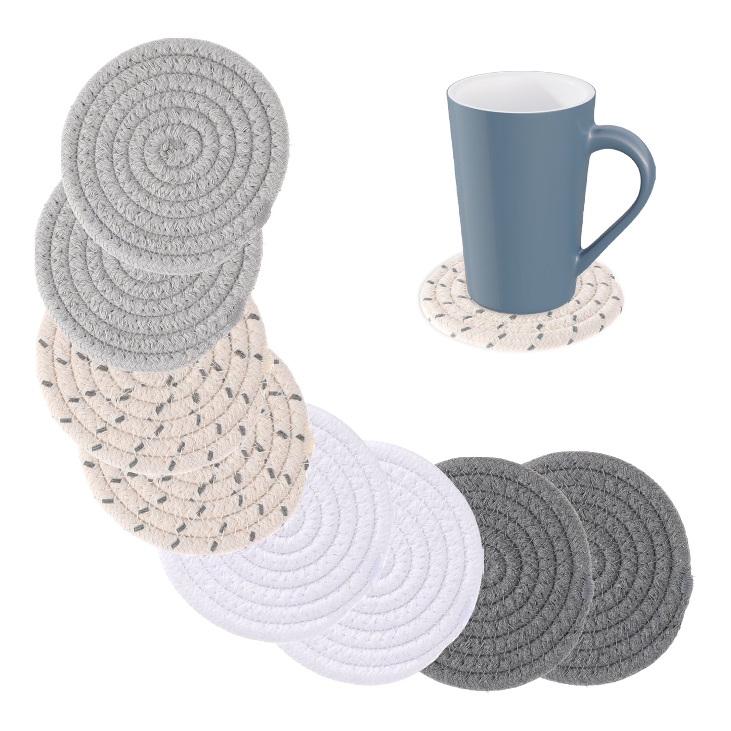 Cotton Woven Coasters Set of 8, 4.3 Inch Round Drink Coasters, Heat-Insulated Absorbent Coasters, Bohemian Table Coasters for Tabletop Protection, Cups, Home Decoration