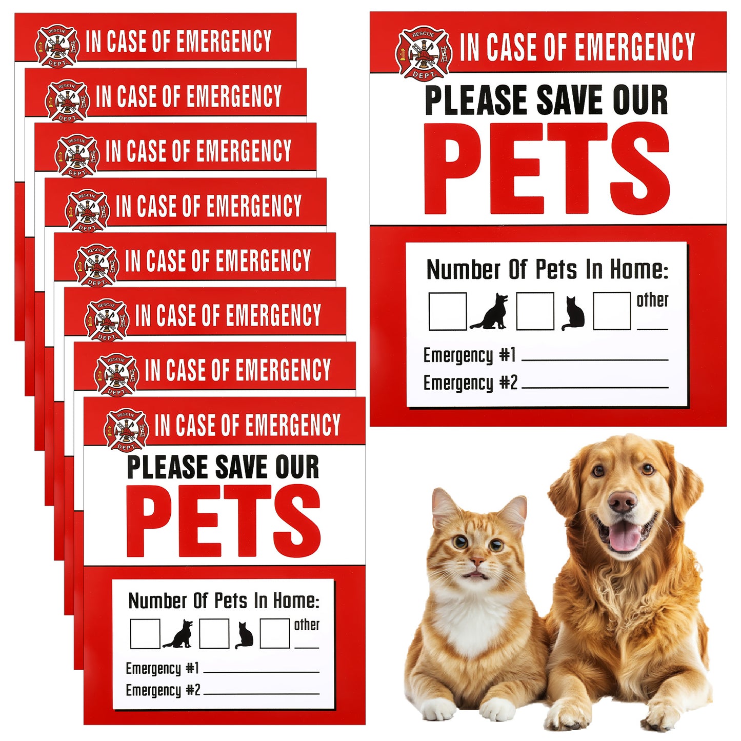 8Pcs Pet Alert Safety Fire Rescue Sticker, in Case of Emergency Pets Sticker, Vinyl Adhesive Pet Rescue Signs for House Home Window Pets Door(11.5cm/4.5in x 10cm/ 3.93in)