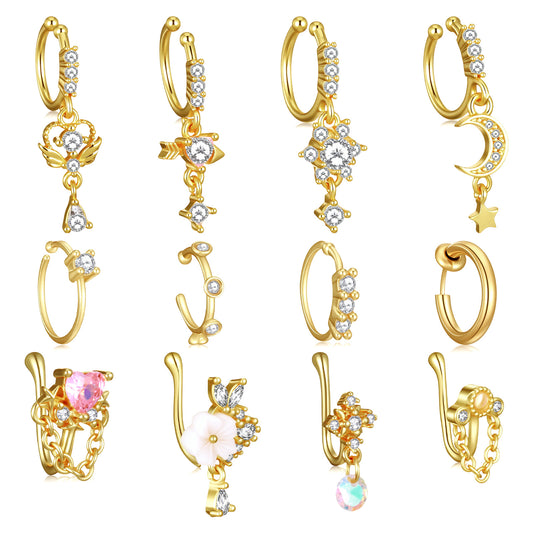 HekouJiub 12Pcs Faux Nose Piercing for Women Gold CZ Dangle Nose Cuff