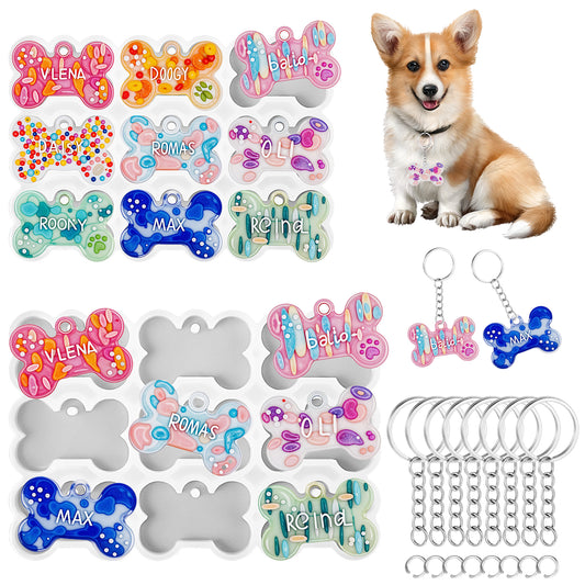 Silicone Dog Bone Pet Tag Resin Molds for Epoxy Resin & UV Resin Casting with 10 Pcs Keychain Custom Collar Tags, DIY Keychain Pendant Charms Epoxy Molds Personalized Pet Gifts for Cat Dog