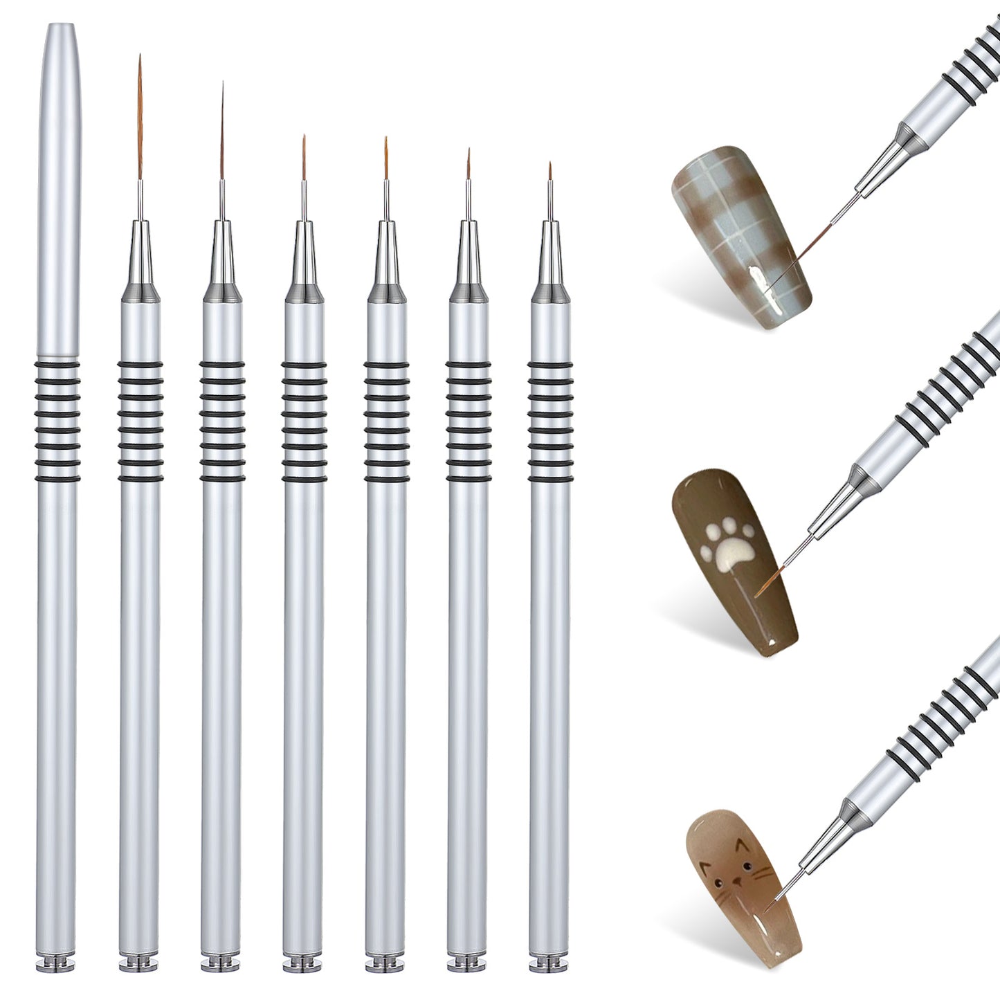 7pcs Nail Polish Brush, Metallic Nail Art Brushes Gel Polish Painting Art Design Pen for Long Lines, Details, Fine Drawing Sizes (Silver)