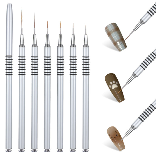 7pcs Nail Polish Brush, Metallic Nail Art Brushes Gel Polish Painting Art Design Pen for Long Lines, Details, Fine Drawing Sizes (Silver)