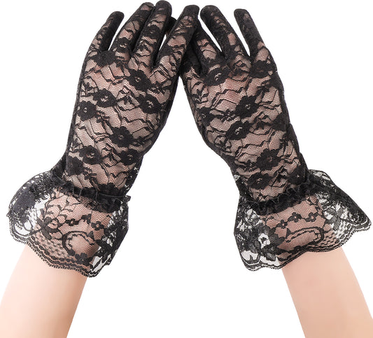 Lace Gloves Women Tea Party Vintage Floral Short Wedding Bridal Gloves Elegant 1920s For Evening Dinner Prom Funeral(Black)