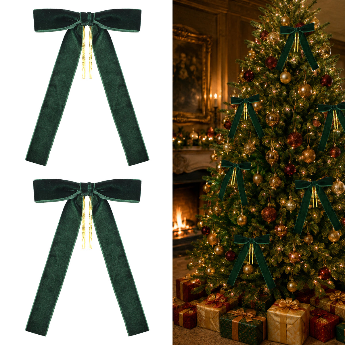 20Pcs Green Velvet Bows for Christmas Tree, 5.1x7.1" Christmas Tree Bows