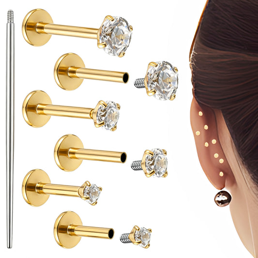 Josojoou 7PCS Gold Flat Back Earrings with Contains Zircon, 16G Flatback Earrings for Women, Stainless Steel Flat Piercing Jewelry, for Earlobe, Auricle, Nose Ring, Lip Piercing