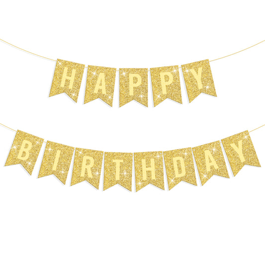 Gold Happy Birthday Banner Decorations, Pre-Strung Glitter Birthday Party Banner Sign, Happy Birth day Sign Decor for Women Men Party Supplies