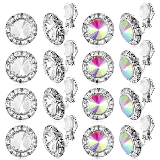 8 Pairs Rhinestone Clip on Earrings- 15mm Dance Competition Earrings for Women Gold and Silver Dance Competition Earrings for Stage Opera Performance Wedding Party Jewelry