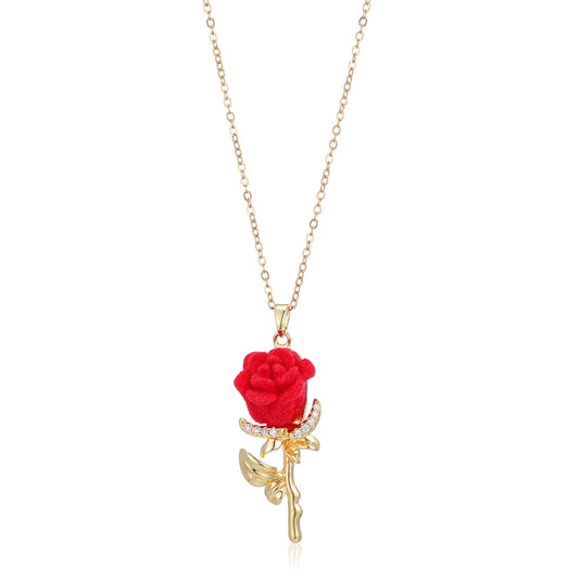 Yolev Red Rose Necklace for Women Dainty Rose Flower Necklace Stainless Steel Gold Plated Crystal Leaf Blossom Charms Pendant Necklaces for Women Wife Wedding Valentines Birthday Jewelry Gift