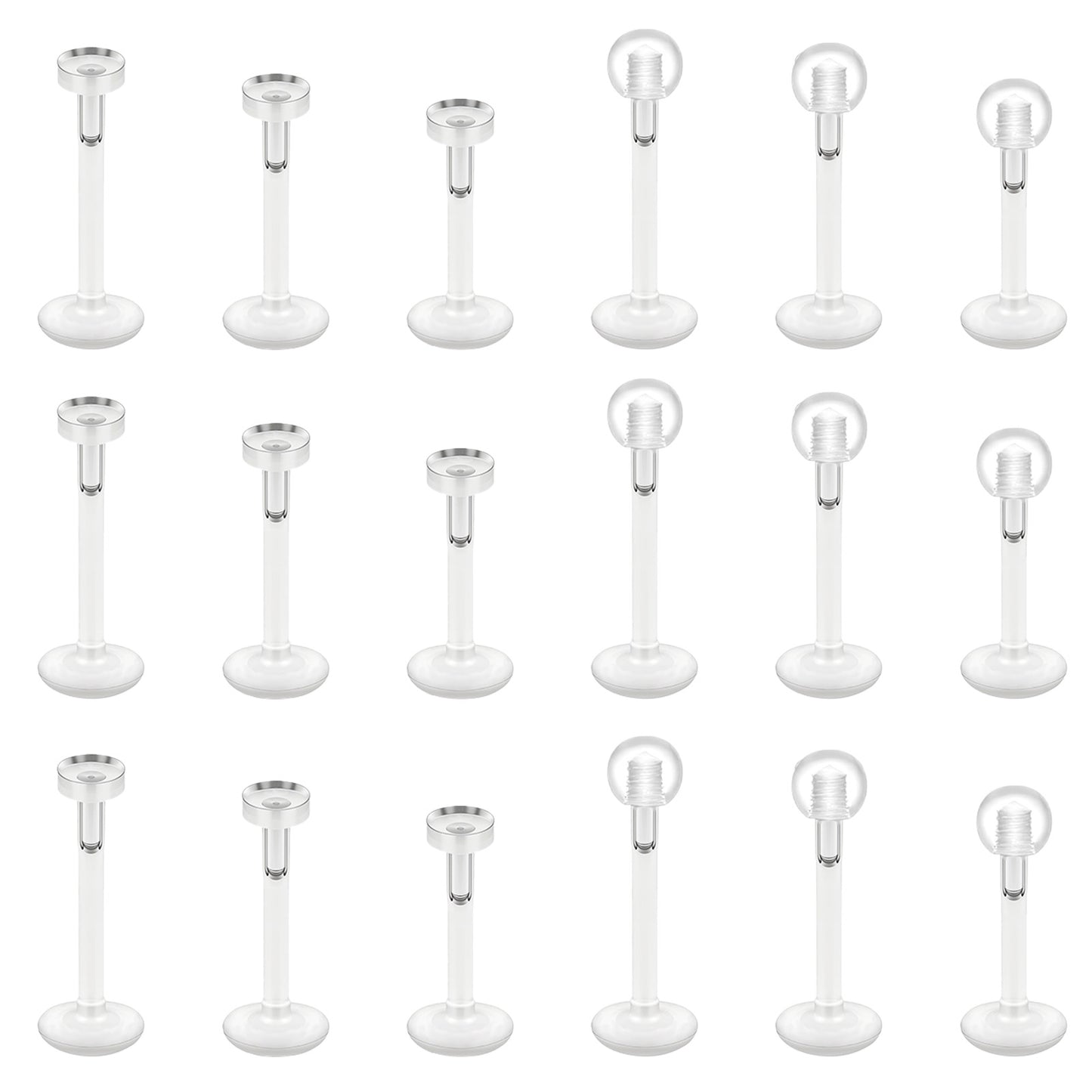 HekouJiub 18 Pcs Clear Earrings for Sports Work 16G Clear Lip Piercing Labret Studs Ears Lip Rings Helix Tragus Flat Push-In Cartilage Earrings Piercing Retainers Jewelry for Women Men, 6/8/10mm