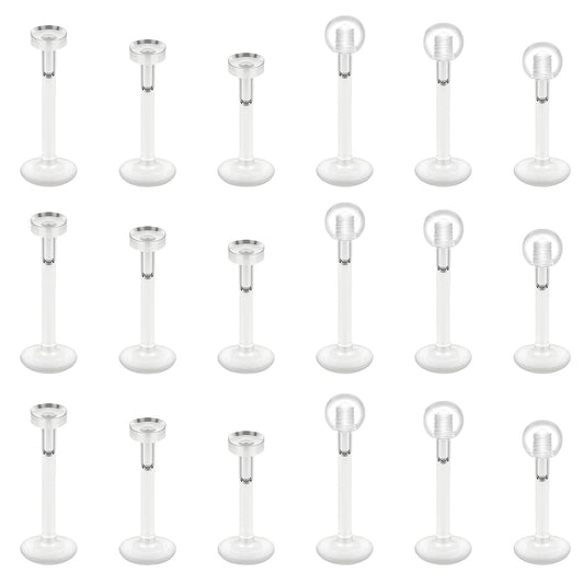 HekouJiub 18 Pcs Clear Earrings for Sports Work 16G Clear Lip Piercing Labret Studs Ears Lip Rings Helix Tragus Flat Push-In Cartilage Earrings Piercing Retainers Jewelry for Women Men, 6/8/10mm