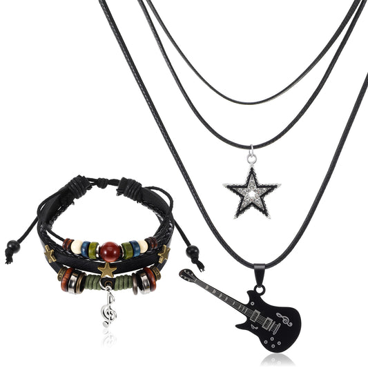 HekouJiub Multilayer Y2k Jewelry, Star Fairy Grunge Bracelets Set - Funky Rock Layered Choker Guitar Music Grunge Accessories for Women Men