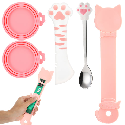 Gemoioio 5Pcs Cat Food Can Cover Spoon Set, Silicone Pet Food Can Lids with Multi-Function Cat Treat Squeeze Spoon, Cats Foods Spoons Opener, Stainless Steel Wet Foods Spoons for Dog Pet Feeding