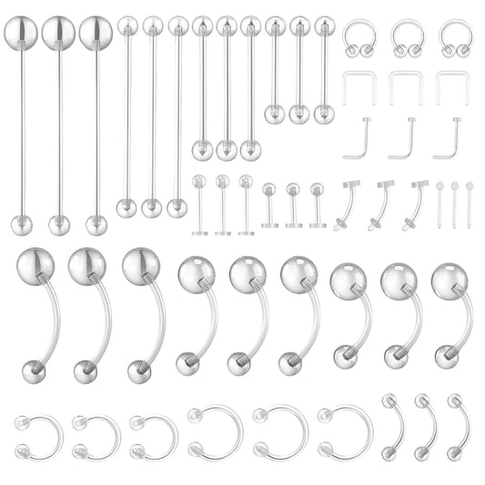 HaiFafafaing 54 PCS Clear Piercing Retainers Jewellery Set, Multi Clear Piercings For Nose, Ears, Lip, Tongue, Belly Button, Eyebrow, Cartilage And Long Bar Piercings
