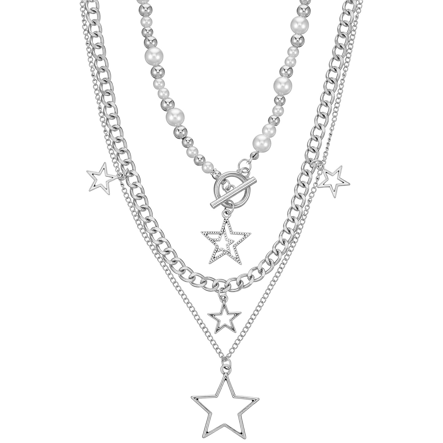 Neyauo Star Y2K Silver Necklace Set, Grunge Layered Toggle Chain, Gothic Vintage Emo Jewelry, 3PCS Aesthetic Stack Necklaces for Women