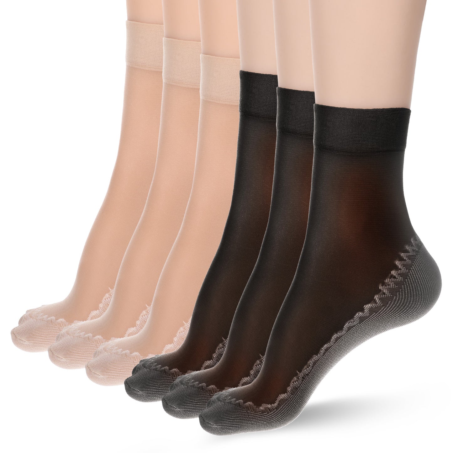 6 Pairs Nylon Sheer Ankle Socks for Women Anti Slip Design Thin Silky Breathable Ankle High Hosiery Stockings Reinforced Toe and Sole Stretchy Comfortable Casual Summer Daily Foot Wear Socks