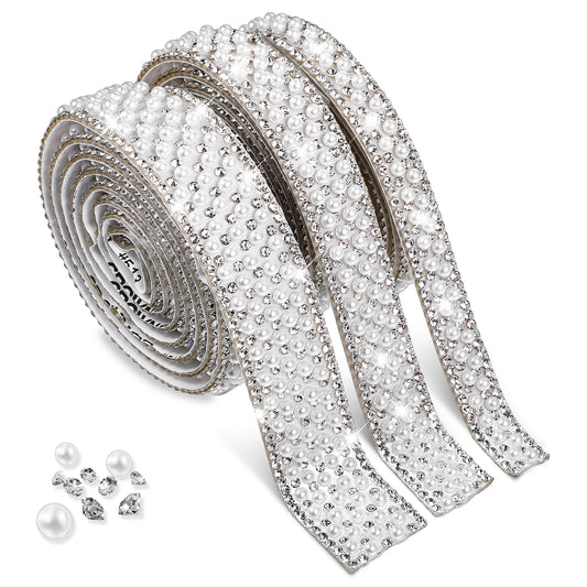 Pearl Ribbon 3 Rolls Self Adhesive Pearl Rhinestone Trim 3 Yards Crystal Pearl Strips Pearl Diamond Ribbon for Crafts DIY Phone Case Car Wedding Party Decoration (3 Different Widths)
