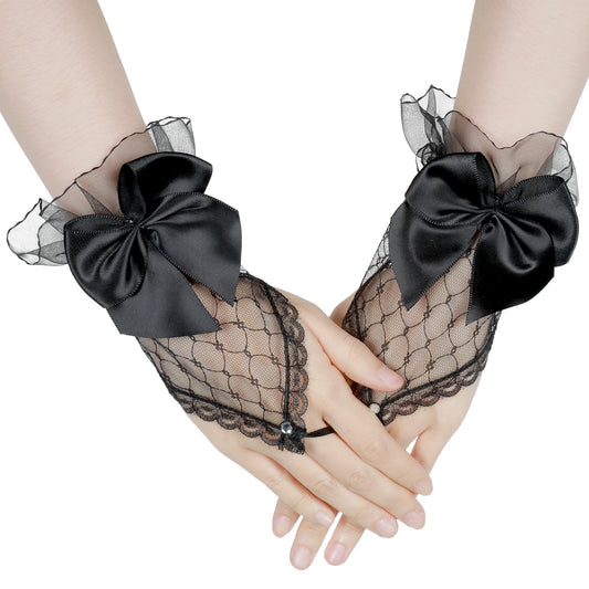 Yolev Black Lace Gloves for Women Short Bow Lace Fingerless Gloves Floral Mesh Tea Party Gloves for Women Bride Cosplay Funeral Prom Wedding Gloves