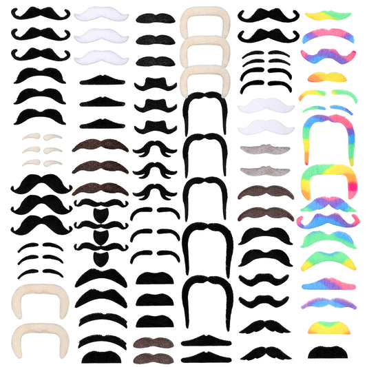 96Pcs Stick on Mustaches Bulk Variety of Styles Realistic Fake Mustache Stickers Fake Moustaches Colorful Black Beard Facial Hair for Halloween Christmas Party