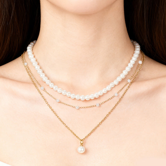 Josojoou Stacked Gold Pearl Necklace, Multi-Layered Gold Pearl Choker Necklaces for Women, Exquisite Simple Golden Layered Pearls Jewelry Set for Wedding, Dance, Holiday, Party, Birthday