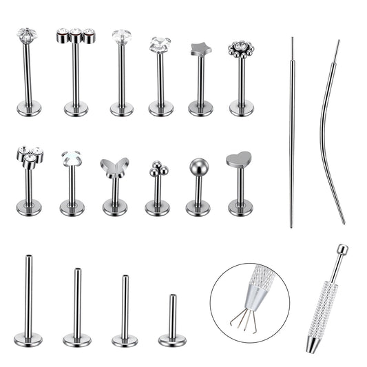 Neyauo 12 Pcs 18G Flat Back Push in Stud Earrings, Stainless Steel Threadless Flat Back Earrings Piercing Jewelry with Jewelry Grabber Tool and 2 Guide Needles for Women