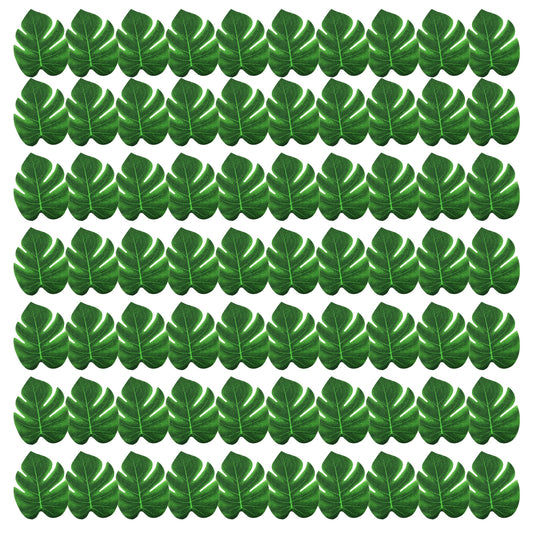 70pcs Artificial Palm Leaves 6 Inch Small Tropical Fake Green Monstera Leaves Mini Palm Leaf Decor For Palms Sunday Safari Jungle Hawaiian Luau Dinosaur Theme Party Table Decoration Wedding Birthday