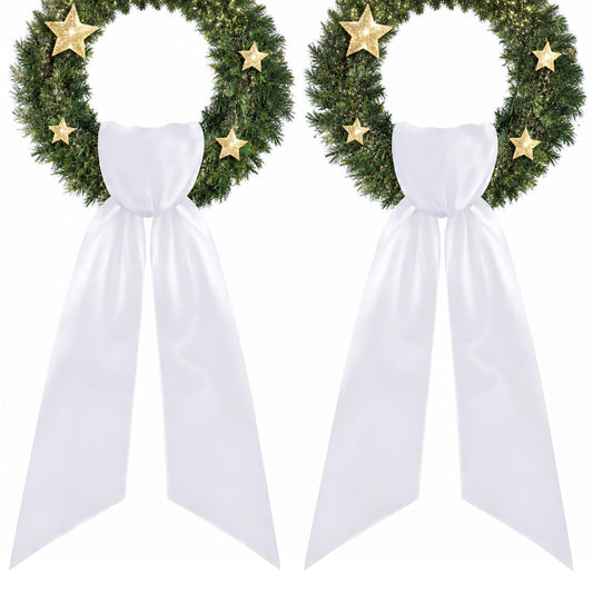 Fiyooau 2 Pack Wreath Sash for Front Door - Satin White Wreath Sash Plain Holiday Baby Shower Wreath Accessories for Easter Wedding Farmhouse Birthday Christmas Decorations