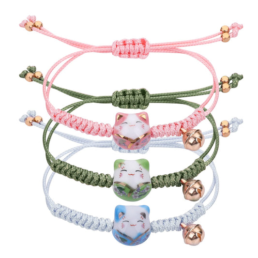 Yolev 3 Pieces Cat Maneki Neko Bracelet Cute Lucky Cat Ceramic Beads Bracelet Fortune String Ceramic Beads Bracelet Lucky Charm Bracelets with Bell Adjustable