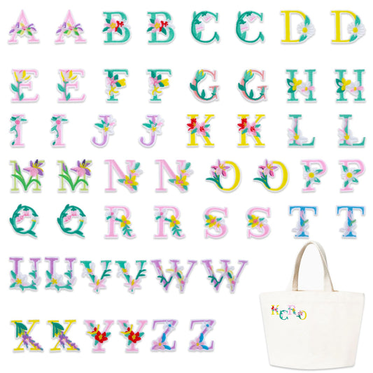 Yolev 52pcs Iron On Letter Patches, A-Z Flower Embroidery Alphabet Patches Sew Embroidered Patches, Alphabet Patches for Clothing Backpacks Hats Shirts