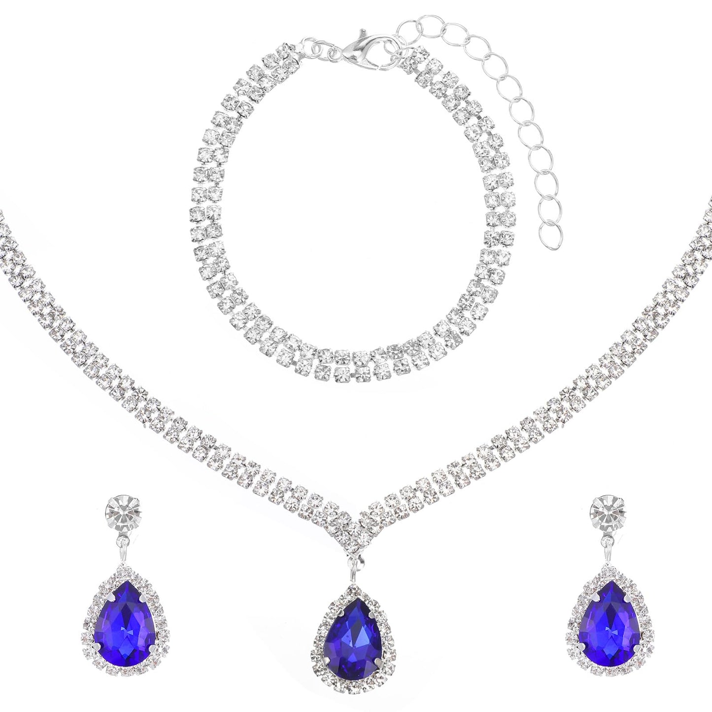 Fiyooau Blue Crystal Costume Jewelry for Women Teardrop Rhinestone Pendant Necklace Earrings Bracelet Elegant Silver Bridal Jewelry Set for Women Brides Bridesmaids Wedding Prom Costume Accessories