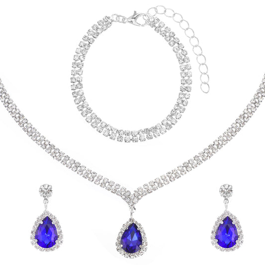Fiyooau Blue Crystal Costume Jewelry for Women Teardrop Rhinestone Pendant Necklace Earrings Bracelet Elegant Silver Bridal Jewelry Set for Women Brides Bridesmaids Wedding Prom Costume Accessories
