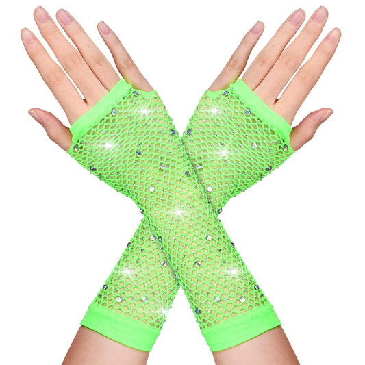 DIVINA VITAE Neon Green Fishnet Rhinestone Gloves Long Fishnet Fingerless Gloves 80s Fish Net Gloves Fashion Fishnet Arm Sleeves Sparkly Mesh Gloves 80 s Emo Scene Accessories for Women Kids