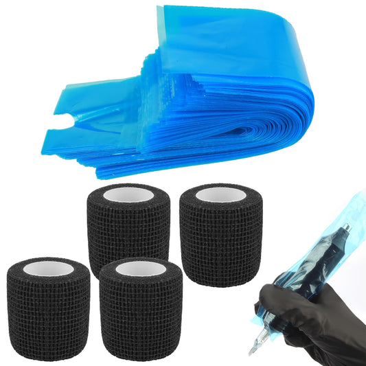 Yolev Machine Pen Covers with Grip Wraps 200Pcs Machine Pen Covers with 4Pcs 2"x 5 Yards Grip Tape Wrap Machine Pen Bags Self Covers Grip Covers Tattoo Pen Sleeves Combination Tattoo Supplies