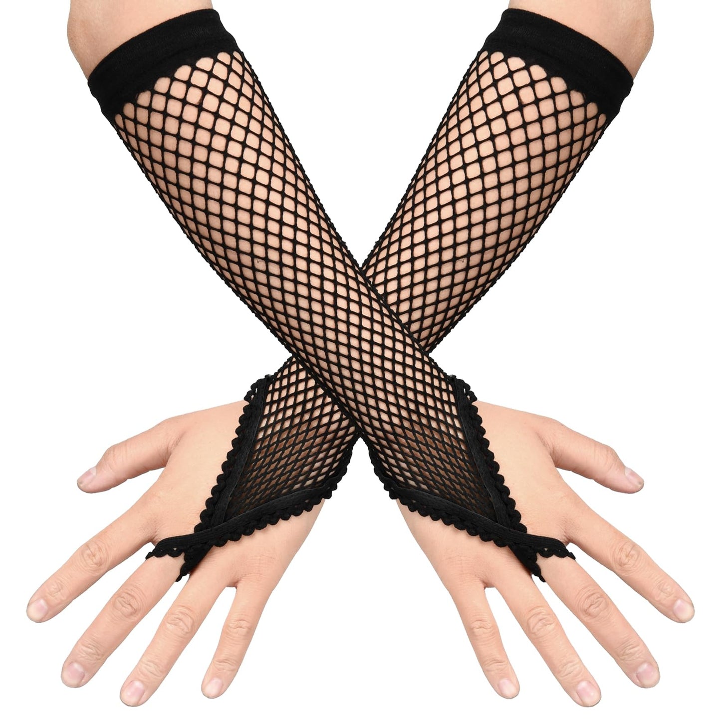 Telooco Fishnet Gloves Fingerless 1 Pair Fishnet Arm Sleeve with Lace Finger Loop Arm Fishnets Mesh Gloves for Women Girls 80s Theme Party Costume