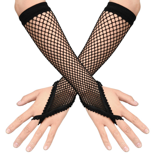 Telooco Fishnet Gloves Fingerless 1 Pair Fishnet Arm Sleeve with Lace Finger Loop Arm Fishnets Mesh Gloves for Women Girls 80s Theme Party Costume